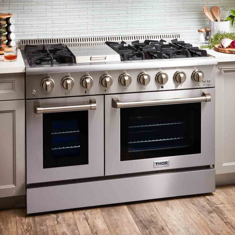 Thor Kitchen 6-Piece Pro Appliance Package - 48-Inch Propane Gas Range, French Door Refrigerator, Dishwasher, Under Cabinet 11-Inch Tall Hood, Microwave Drawer, & Wine Cooler in Stainless Steel