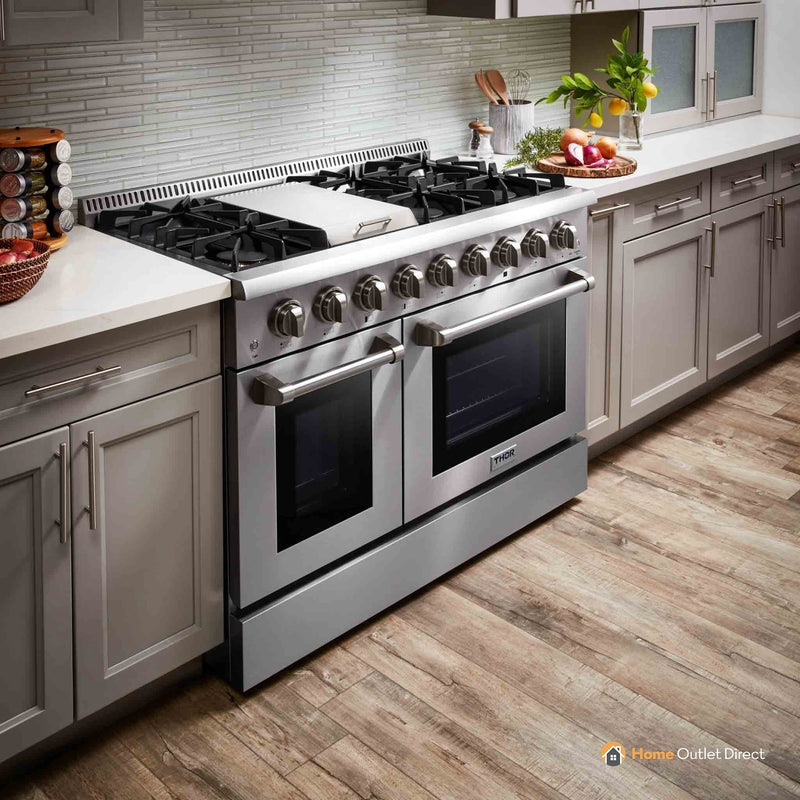 Thor Kitchen 6-Piece Pro Appliance Package - 48-Inch Propane Gas Range, Refrigerator with Water Dispenser, Dishwasher, Pro Wall Mount Hood, Microwave Drawer, & Wine Cooler in Stainless Steel