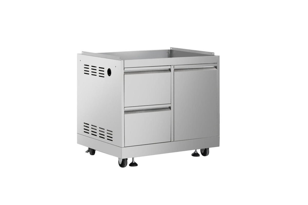 Stainless steel outdoor gas grill with two-door storage and vented panels
