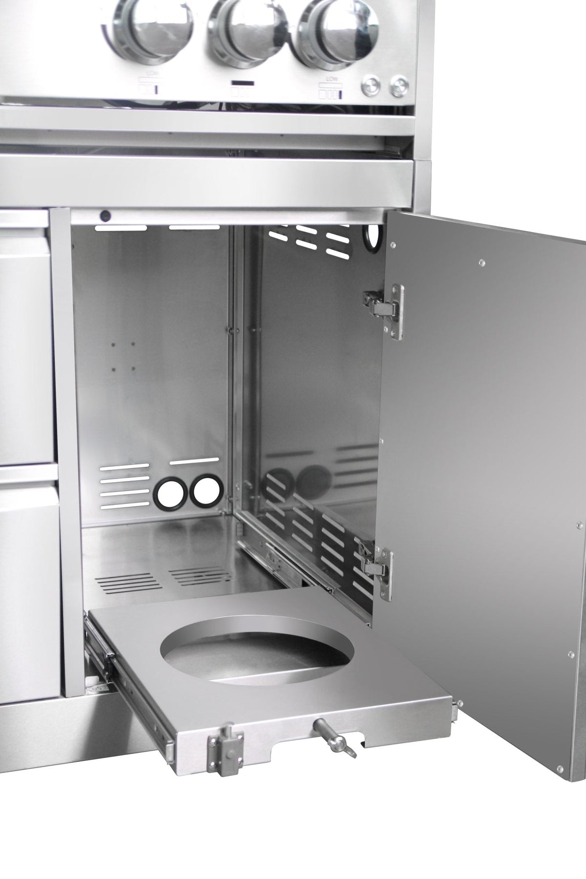 Open gas grill cabinet with internal storage tray and door hardware