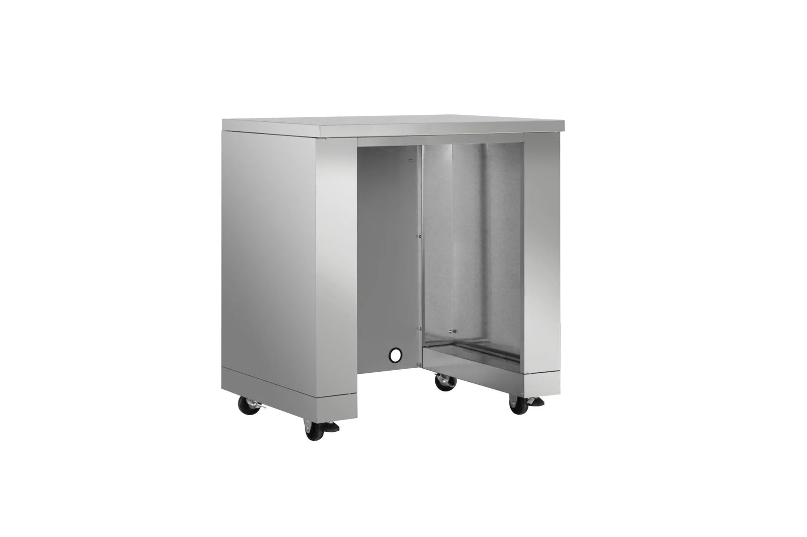 Stainless steel outdoor grill cabinet with open side compartment and round latch