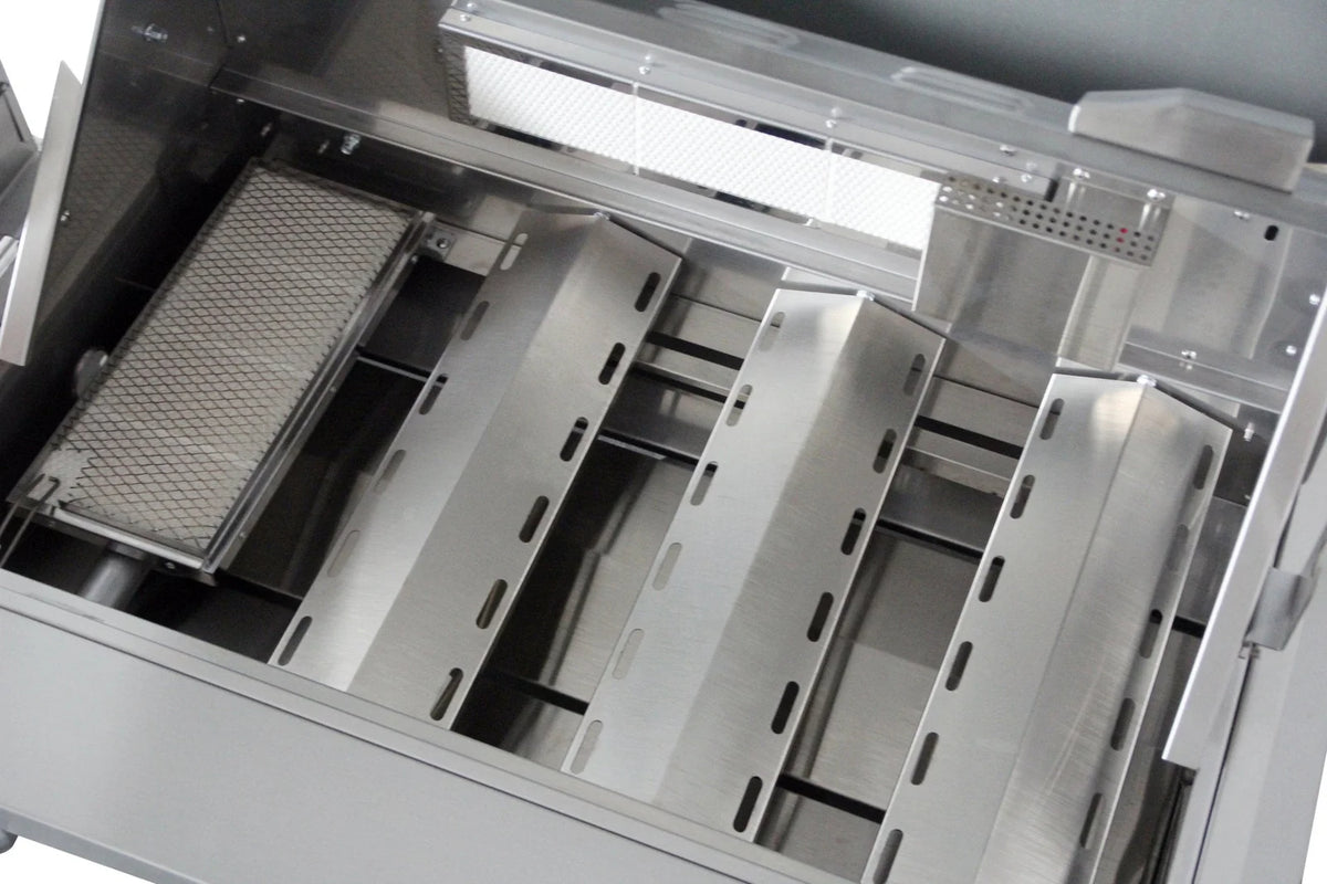 Stainless steel grill with open hood and removable cooking grates