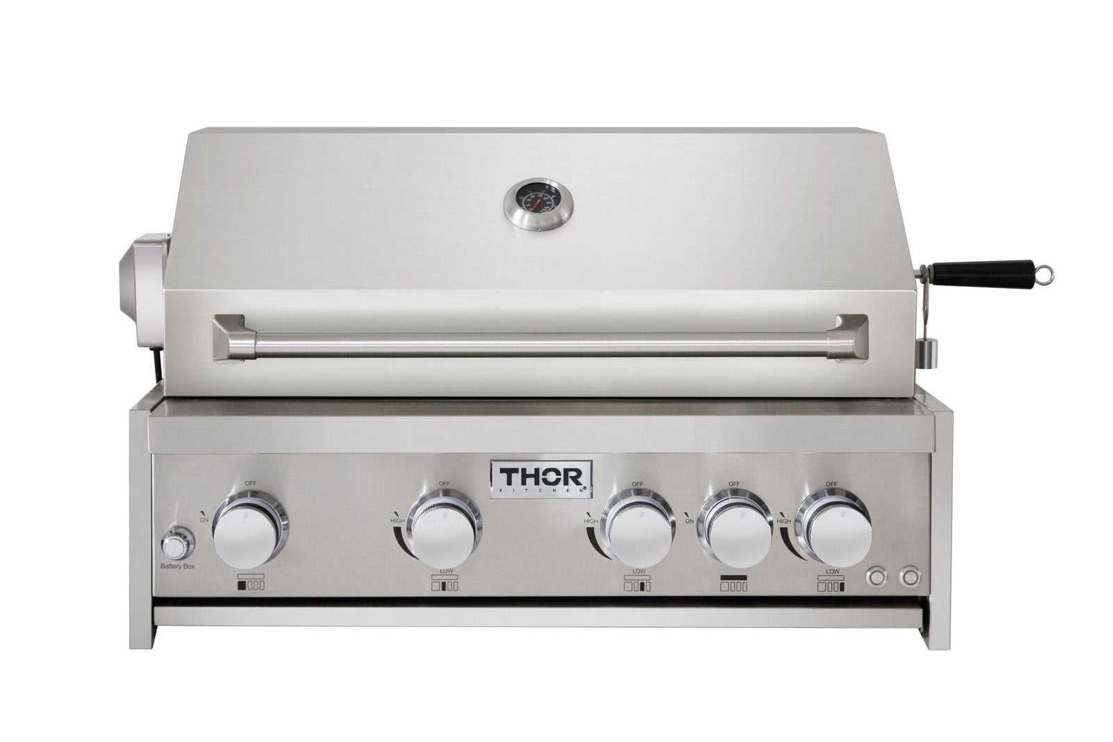 Outdoor gas grill with stainless lid, front control knobs, and black handle