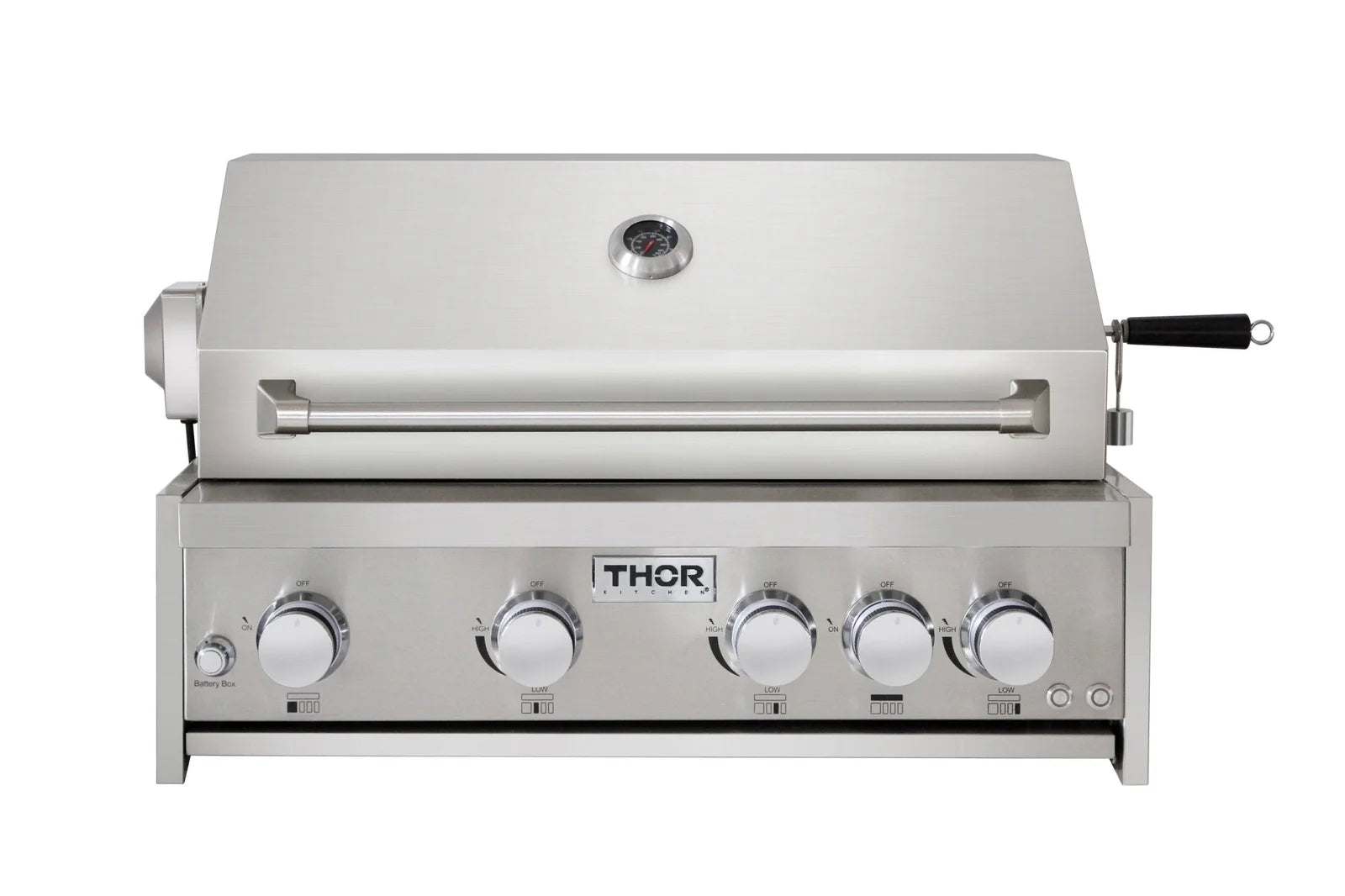 Stainless steel outdoor gas grill front with control knobs and closed lid