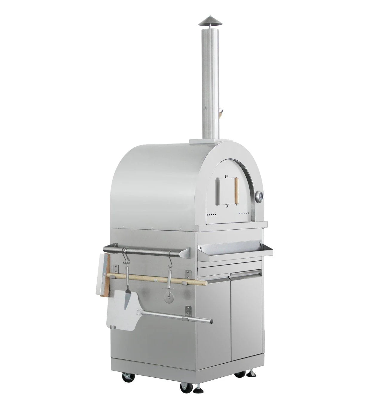 Outdoor pizza oven with side control panel, rack, and stainless steel cabinet