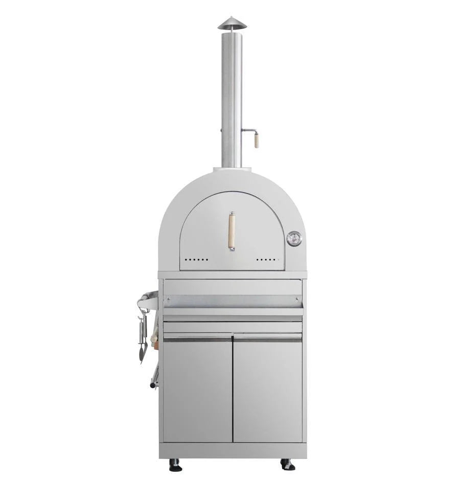 Outdoor pizza oven with dome lid, tall chimney stack, and stainless steel cabinet base