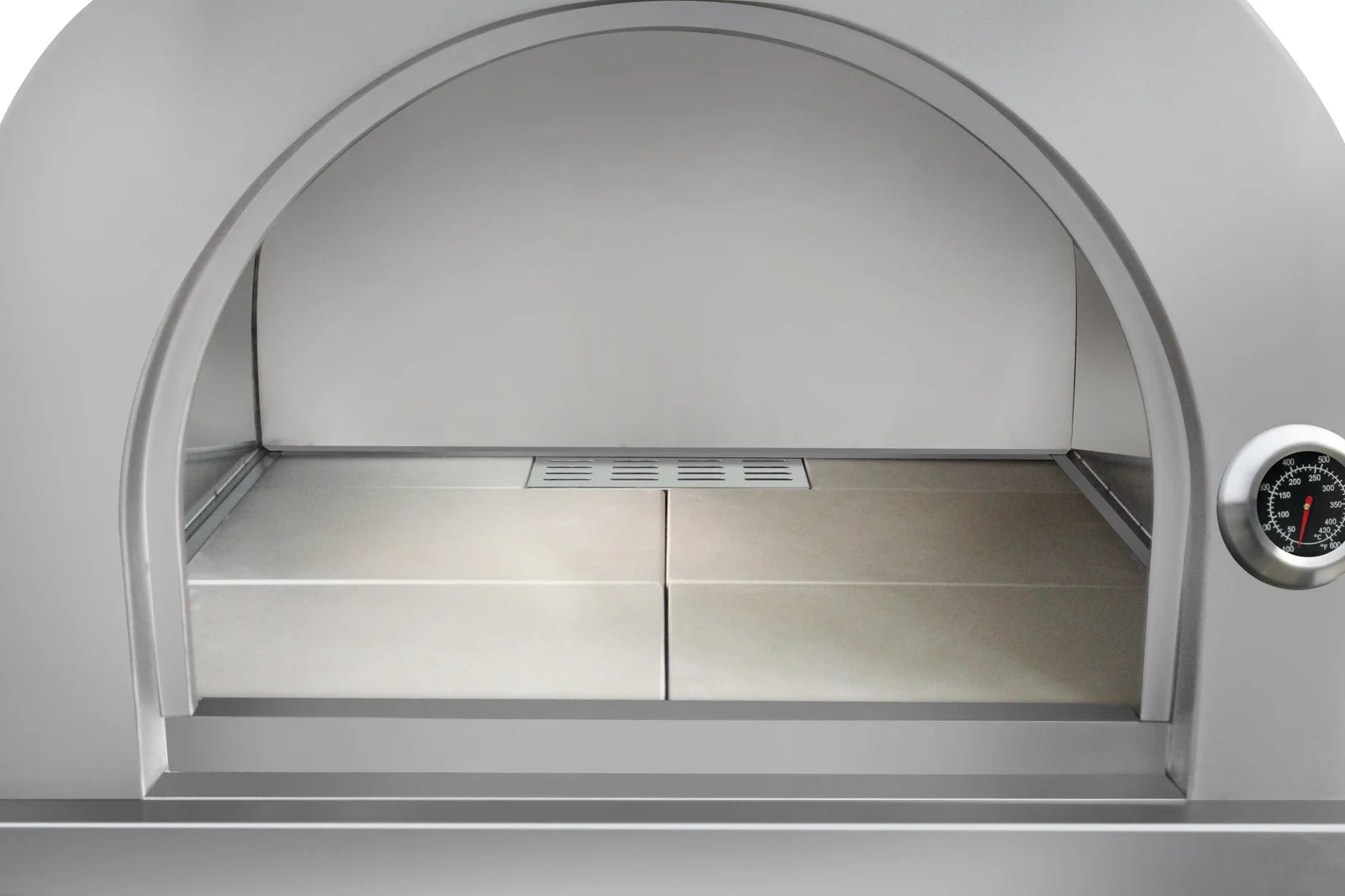 Stainless steel grill firebox interior with warming grate and vented bottom tray