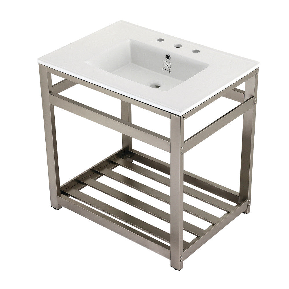 White ceramic console sink with steel base and open shelf, brushed nickel drain holes