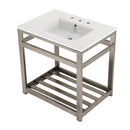 Kingston Brass Quadras 31" Ceramic Console Sink with Steel Base and Shelf (8-Inch, 3-Hole), White/Brushed Nickel (VWP3122W8A8)