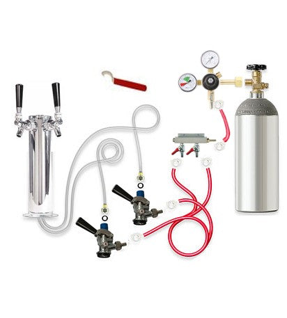 Beer draft system parts with chrome faucets, tubing, regulator, and CO2 cylinder