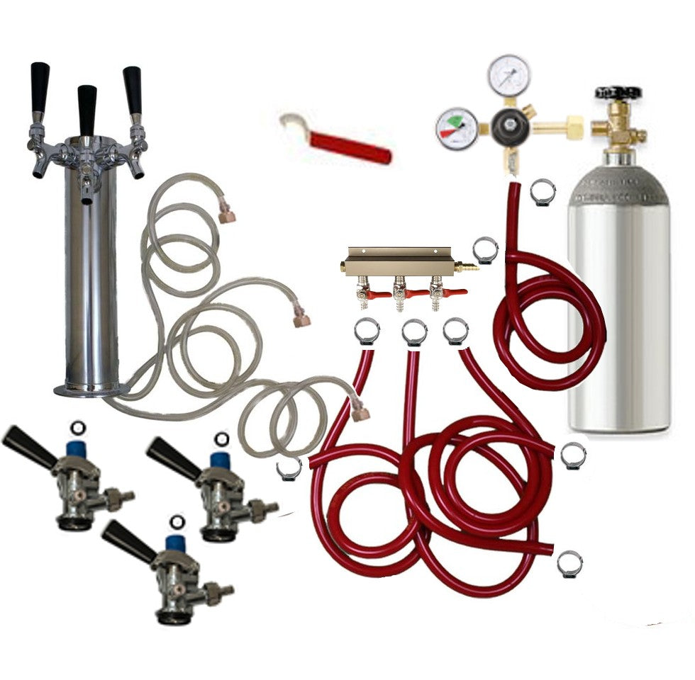 Triple-tower draft system with chrome taps, CO2 regulator, and red beer hoses