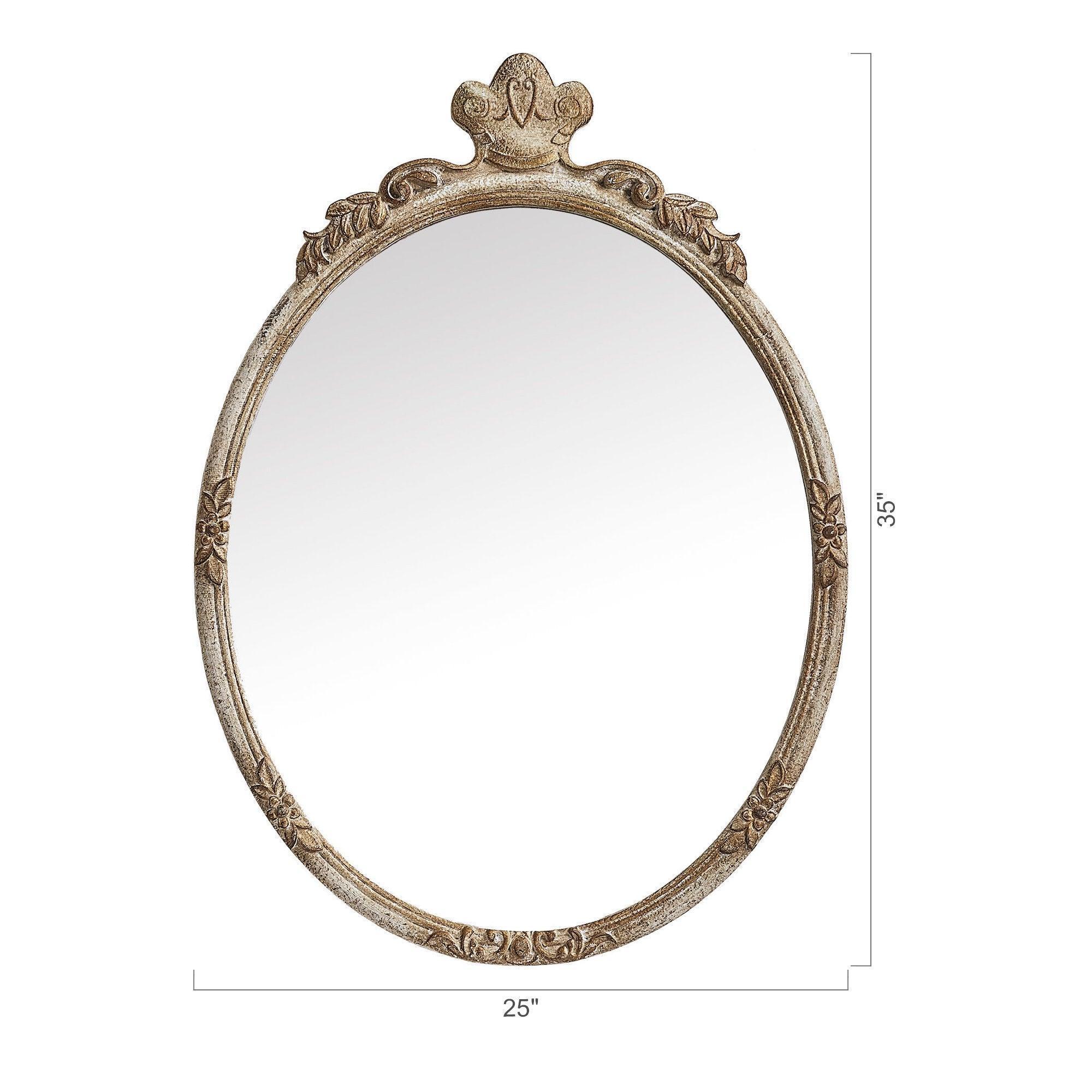Oval wall mirror dimensions: 25 in wide, 35 in high; distressed carved wood frame.