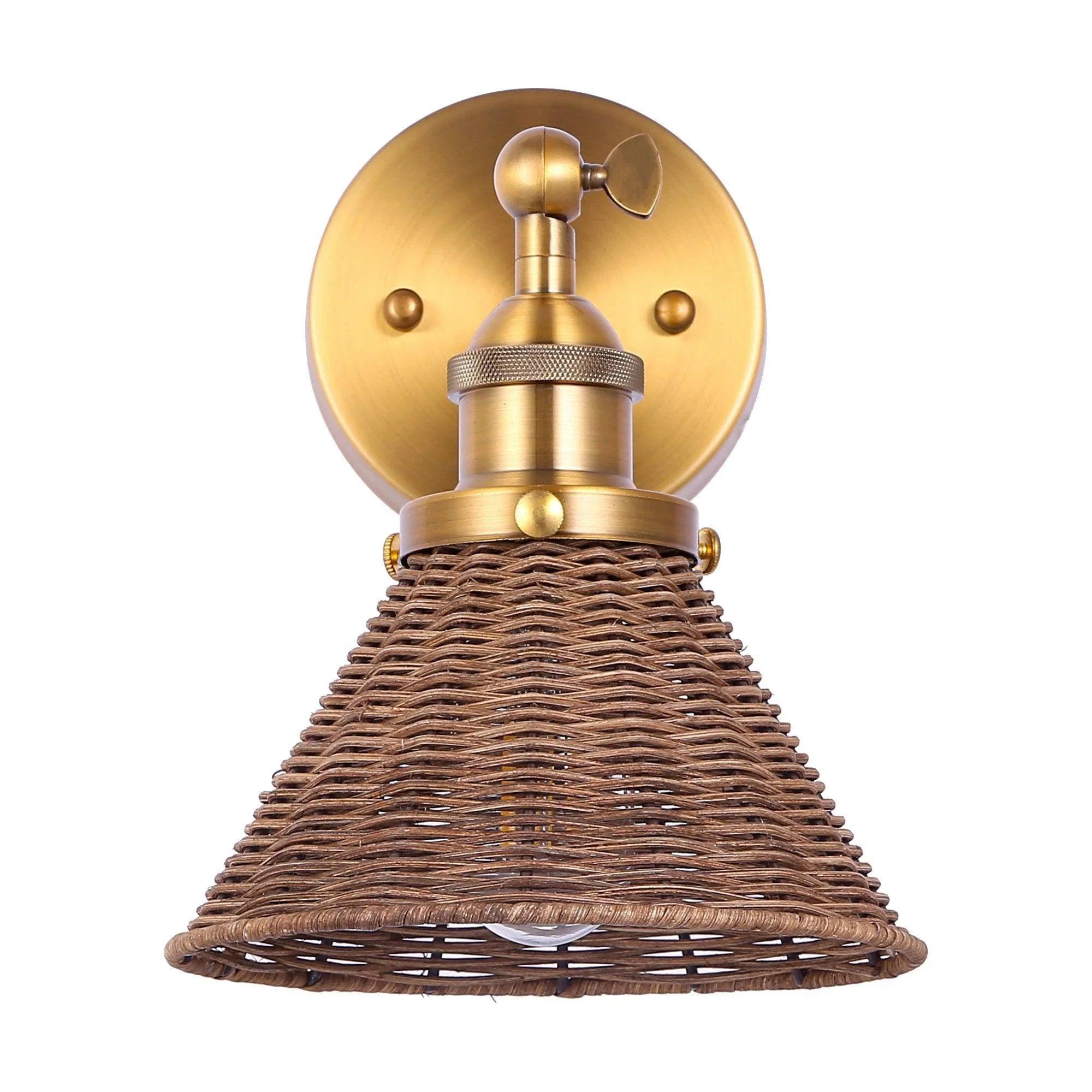 Golden single-light wall lamp featuring a woven rattan cone shade and round backplate