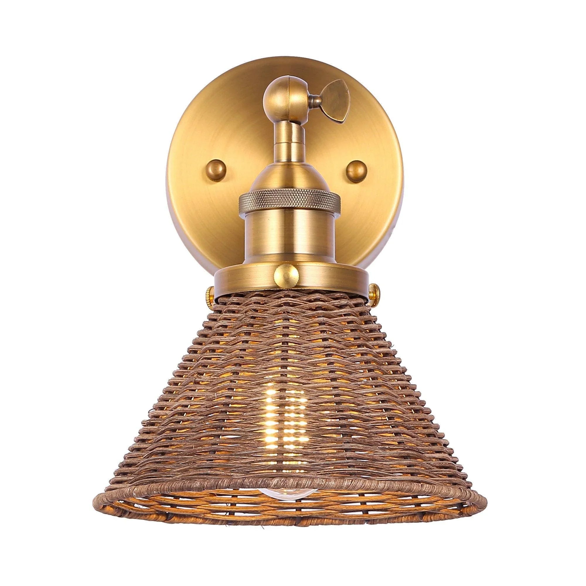 Golden wall sconce with woven rattan cone shade and brass backplate, unlit