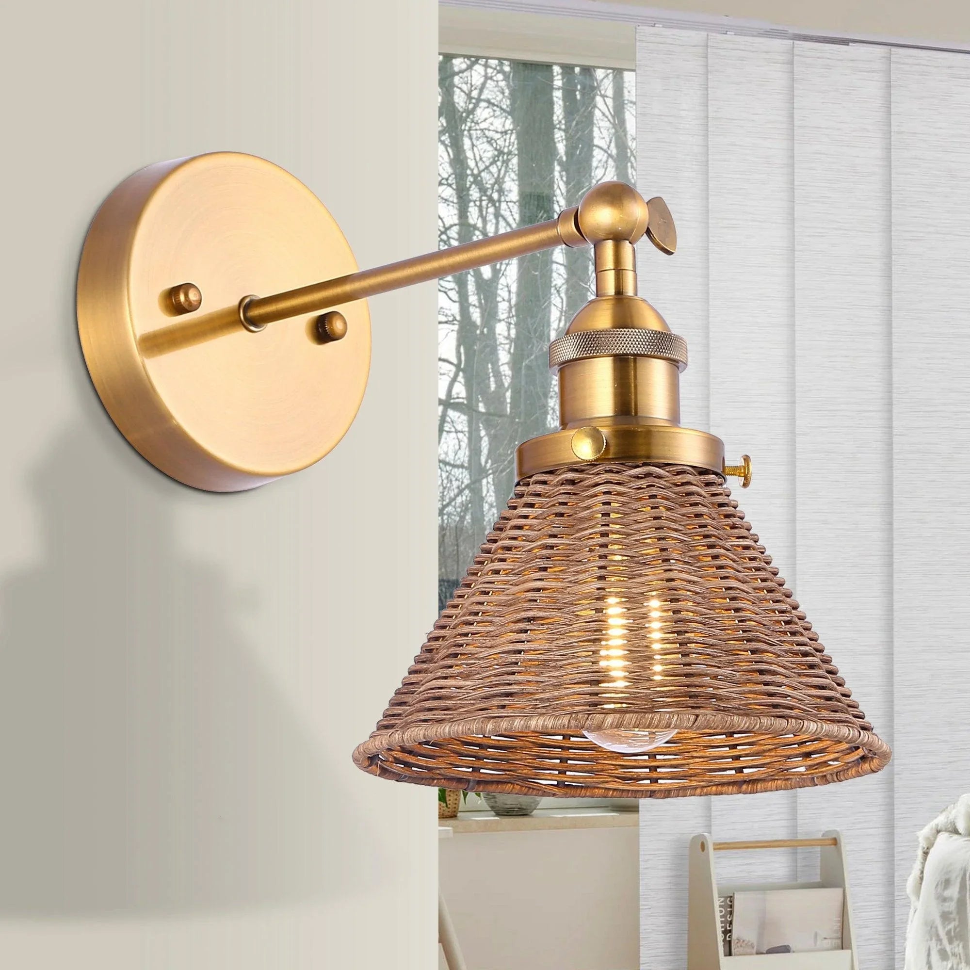 Golden traditional wall light with rattan cone shade and round wall mount, 1-light