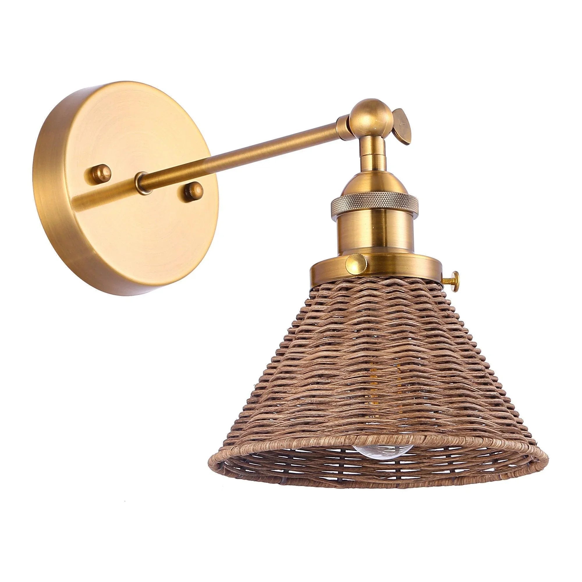 Golden traditional 1-light wall sconce with round backplate and woven rattan shade