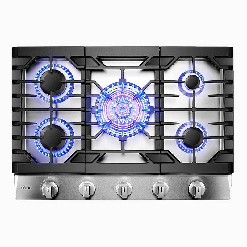 Stainless steel gas cooktop with five burners and black cast-iron grates, blue flames