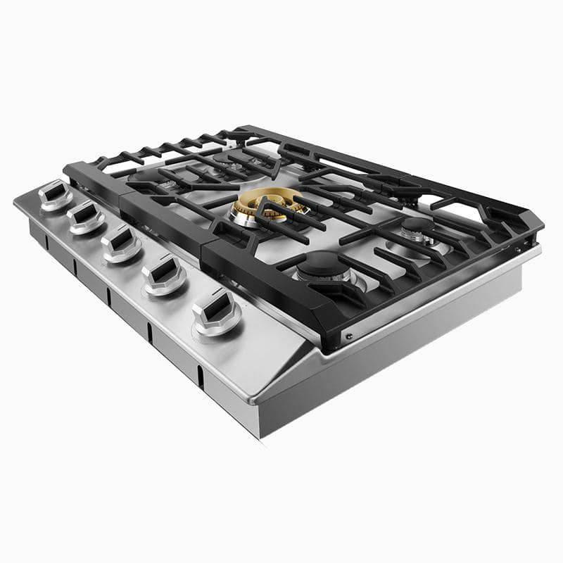 Stainless steel gas cooktop with black grates, 5 burners, and front control knobs