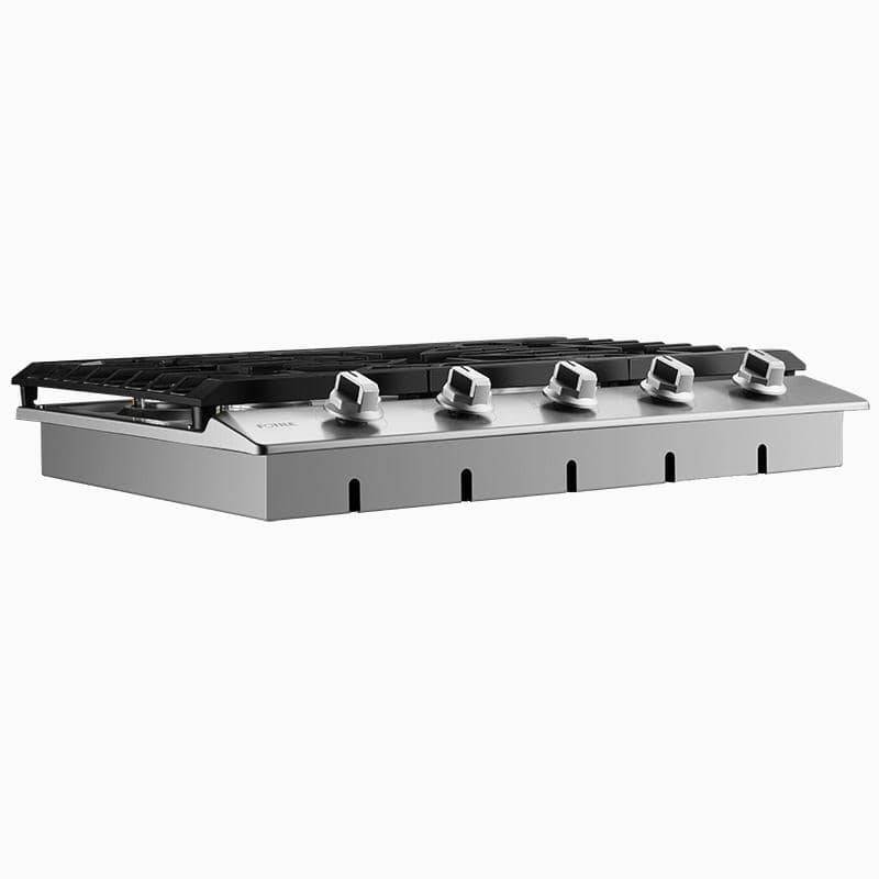 Stainless steel gas cooktop with black grates and 5 front control knobs, low side view