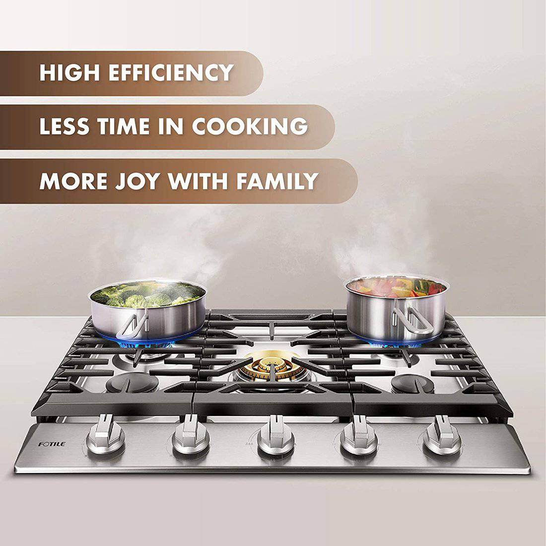 Stainless steel gas cooktop with five burners cooking two pots with visible flames