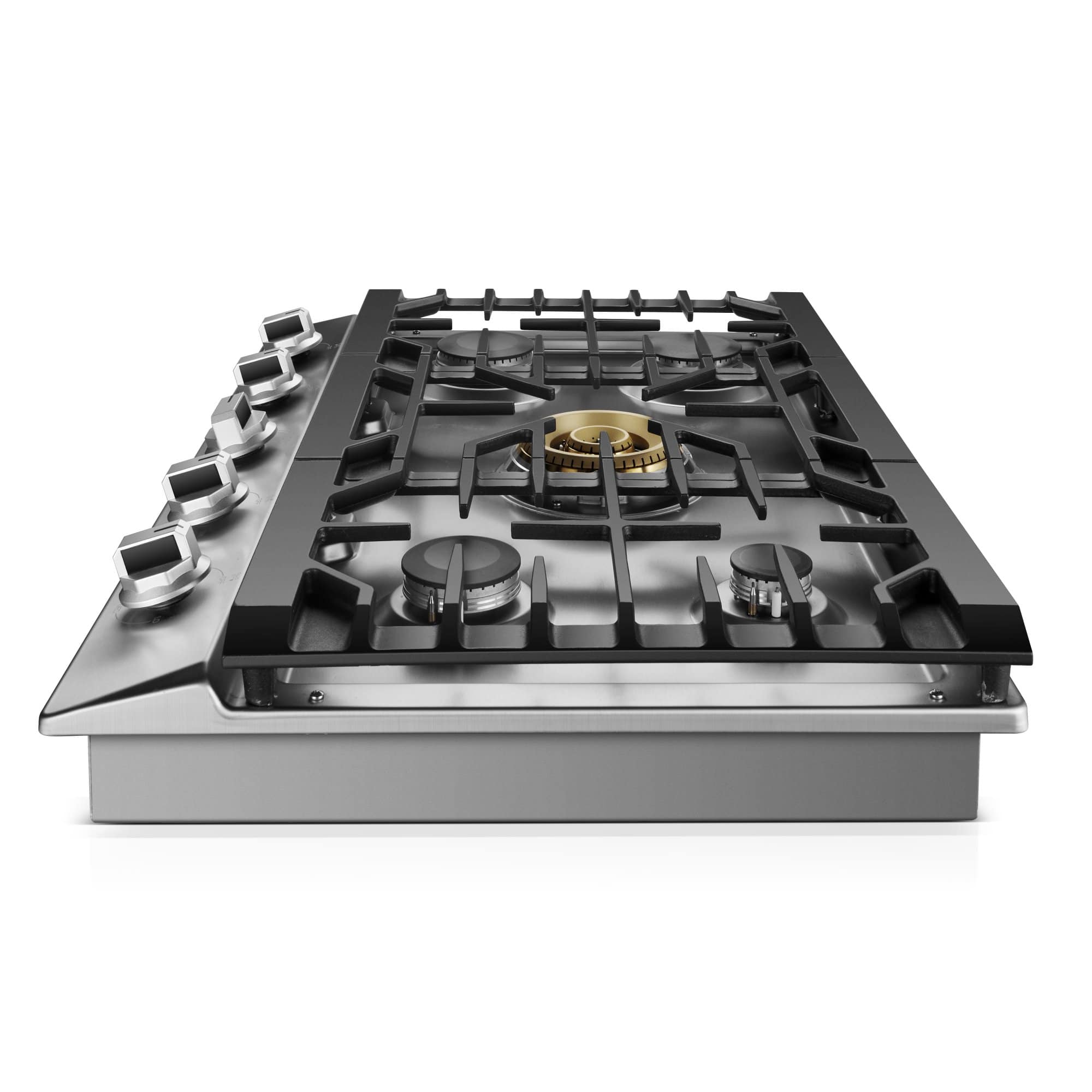 Stainless steel gas cooktop with black burner grates and 5 burners, top angled view