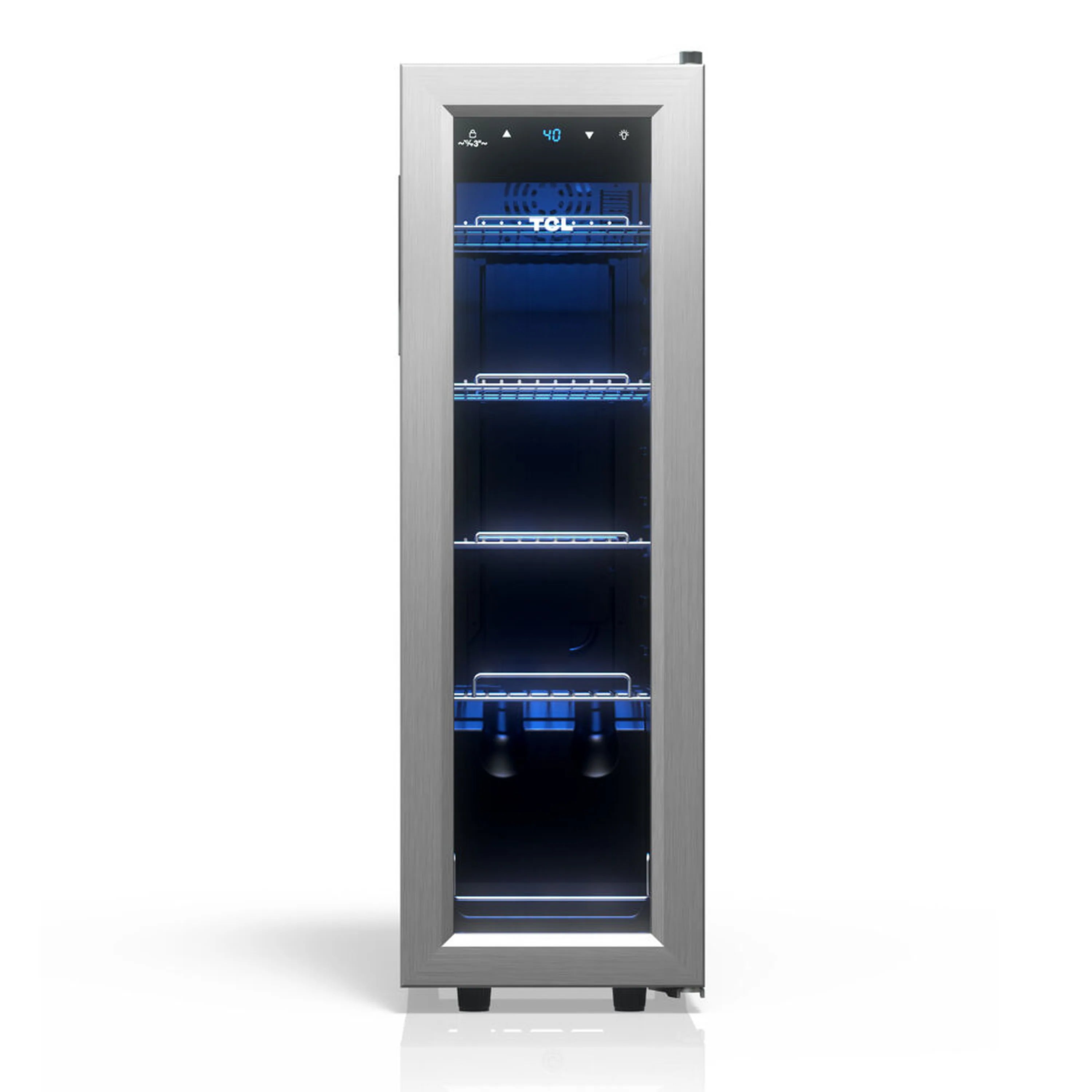 Freestanding beverage cooler with glass door and interior LED lighting, open shelving