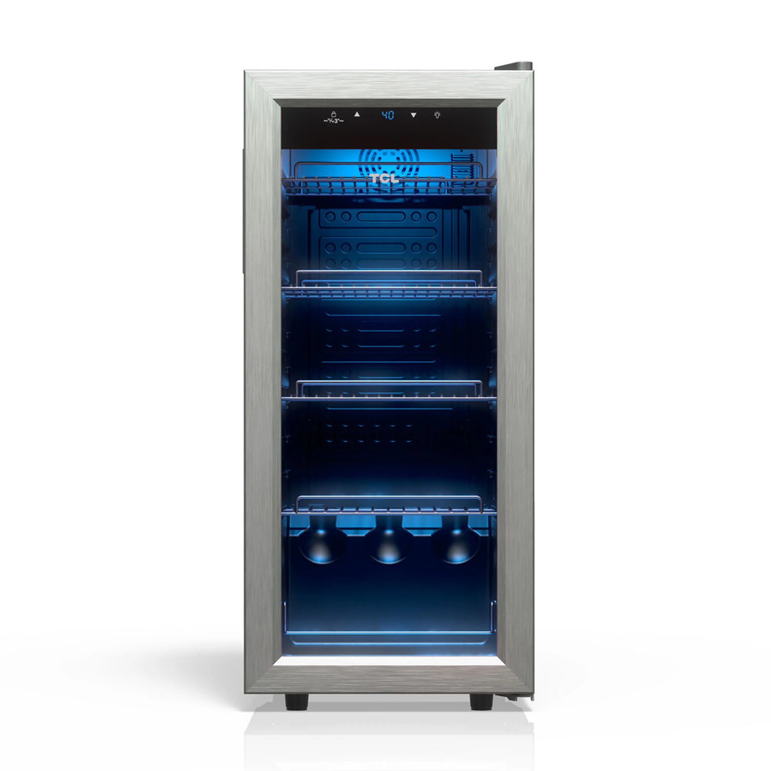 Freestanding beverage cooler with stainless frame and glass door, blue interior LED lighting.
