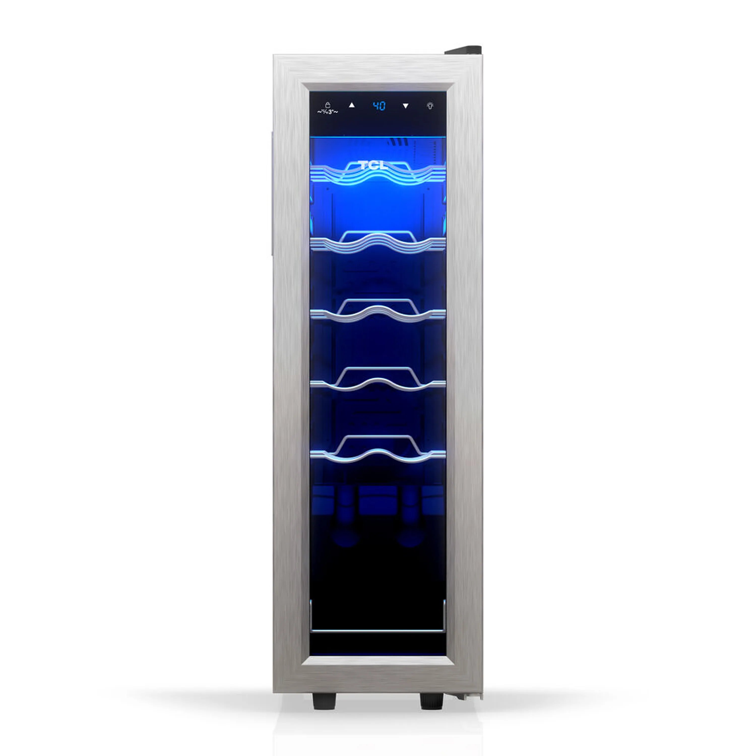 Stainless steel freestanding wine cooler with tinted glass door and blue LED racks.