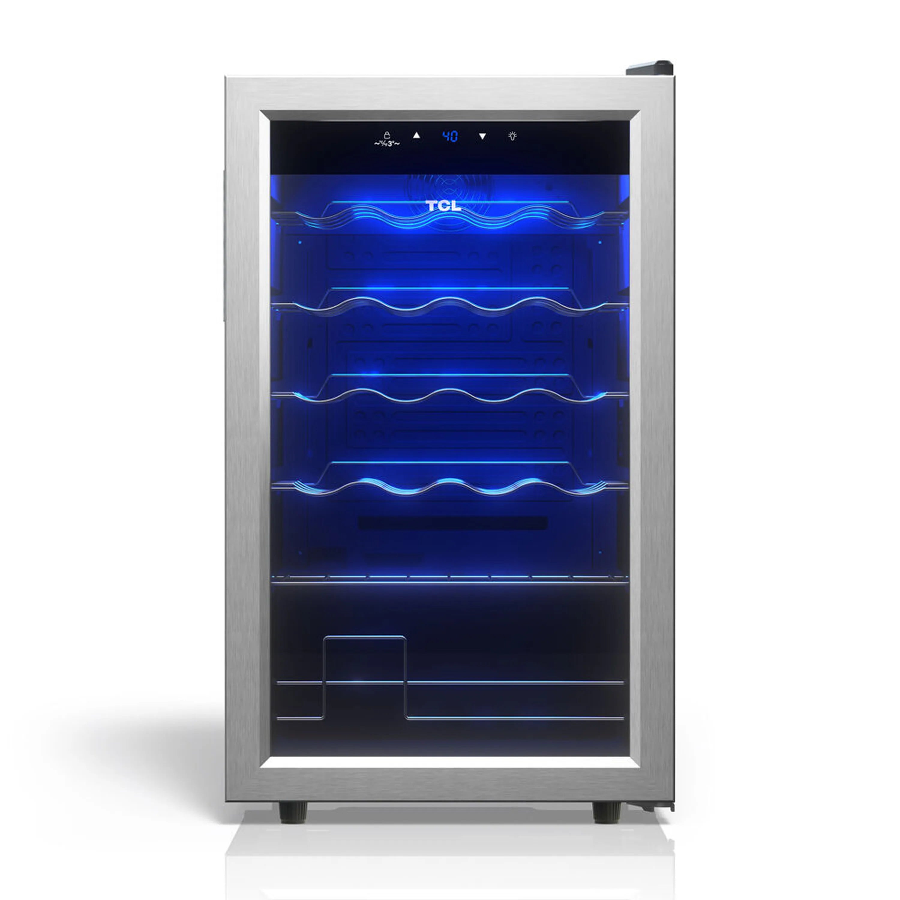 Freestanding wine cooler with glass door and blue LED interior lighting