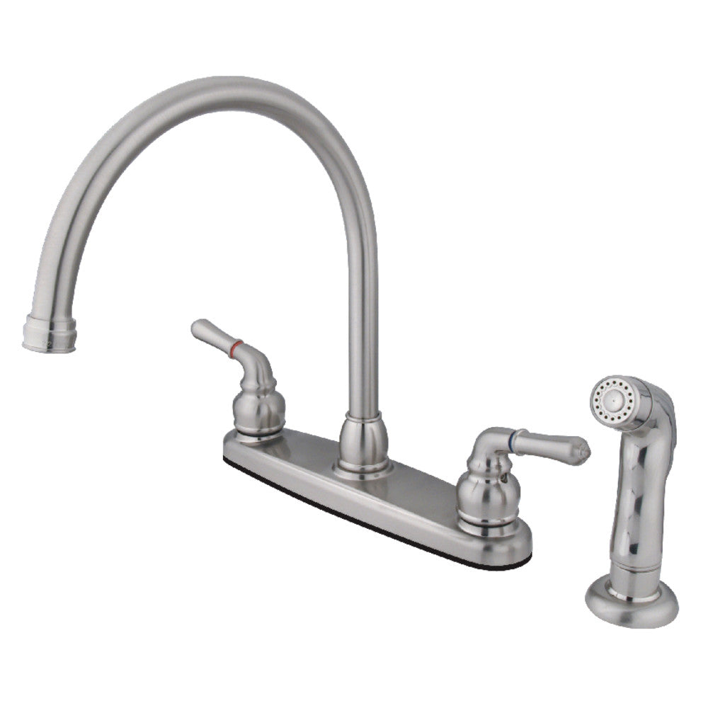 Brushed nickel double-handle kitchen faucet with curved spout and side sprayer