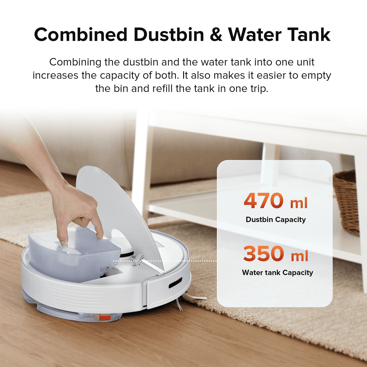 Robot vacuum and mop with combined dustbin and water tank unit, shown with capacity labels