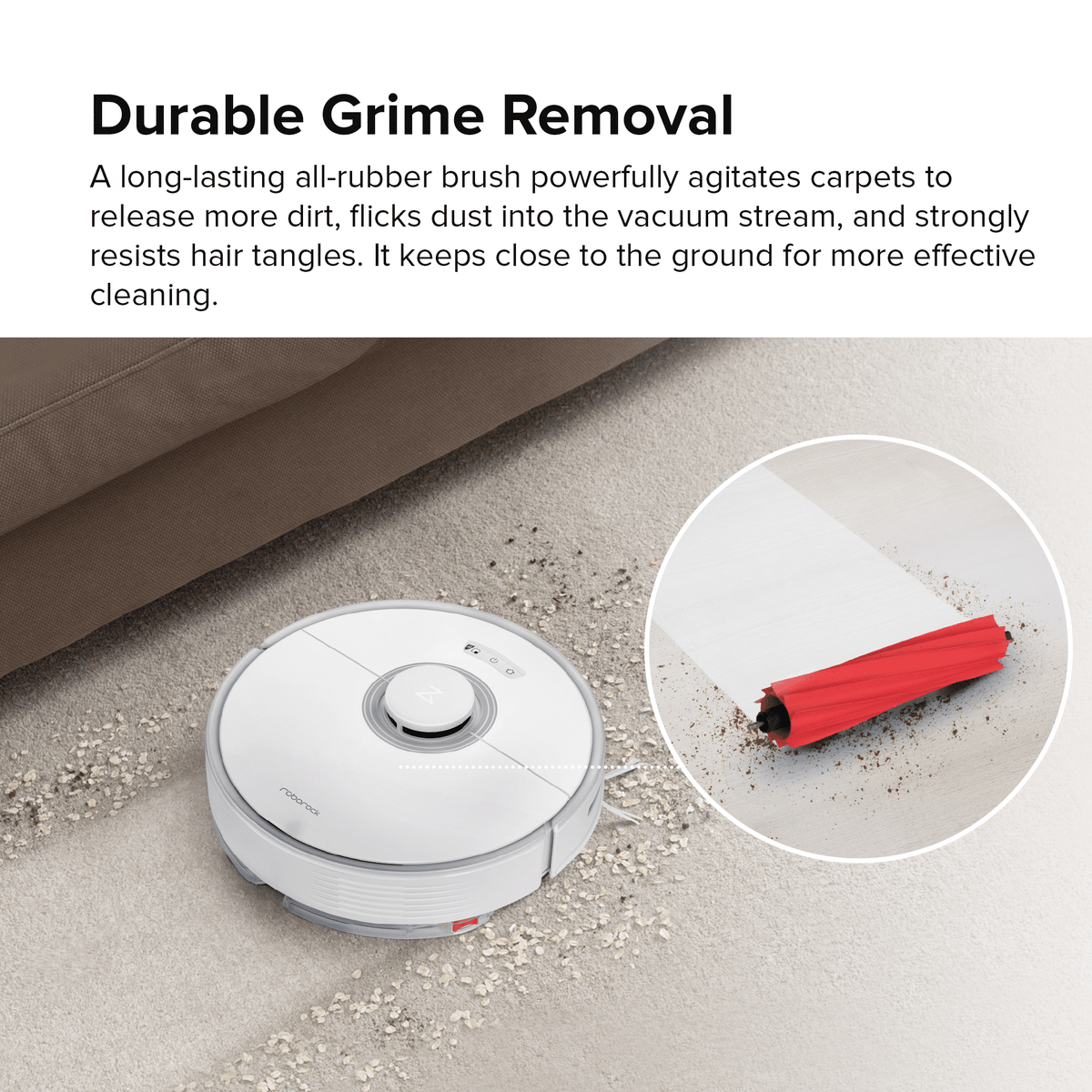 Robot vacuum and mop on carpet with side brush bristles detail for grime removal