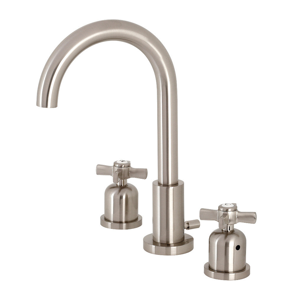 Brushed nickel widespread bathroom faucet with brass pop-up, two handles and arched spout