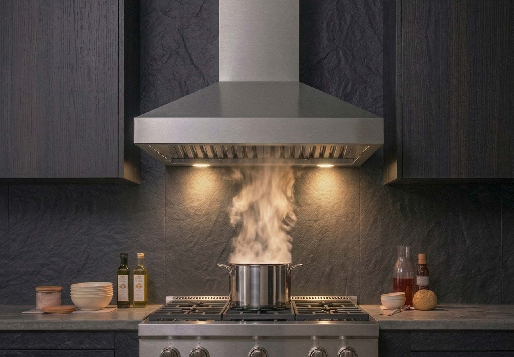 Wall-mounted stainless steel range hood with built-in lights over a gas cooktop