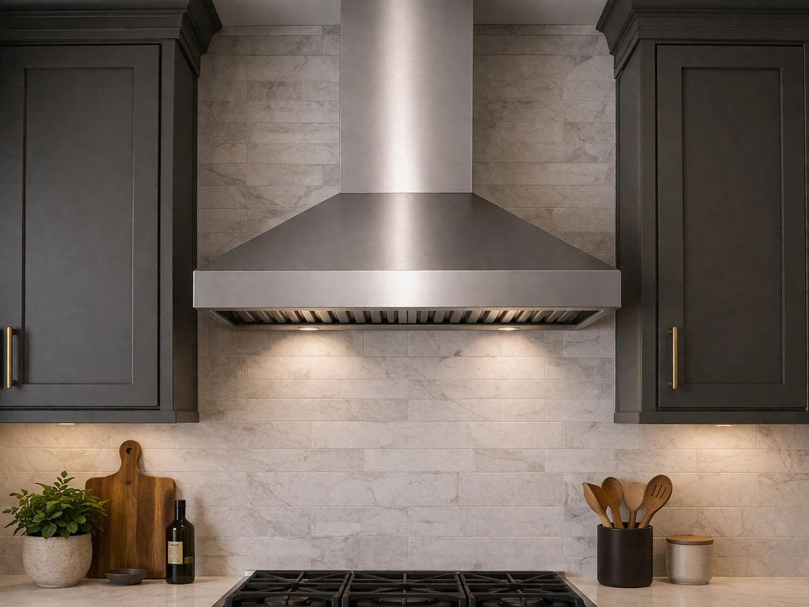 Stainless steel wall-mounted range hood with vent hood and integrated lighting