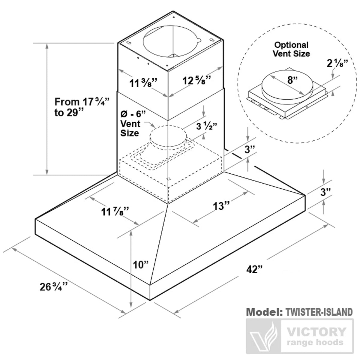 Line-drawing diagram of stainless steel island range hood with dimensions