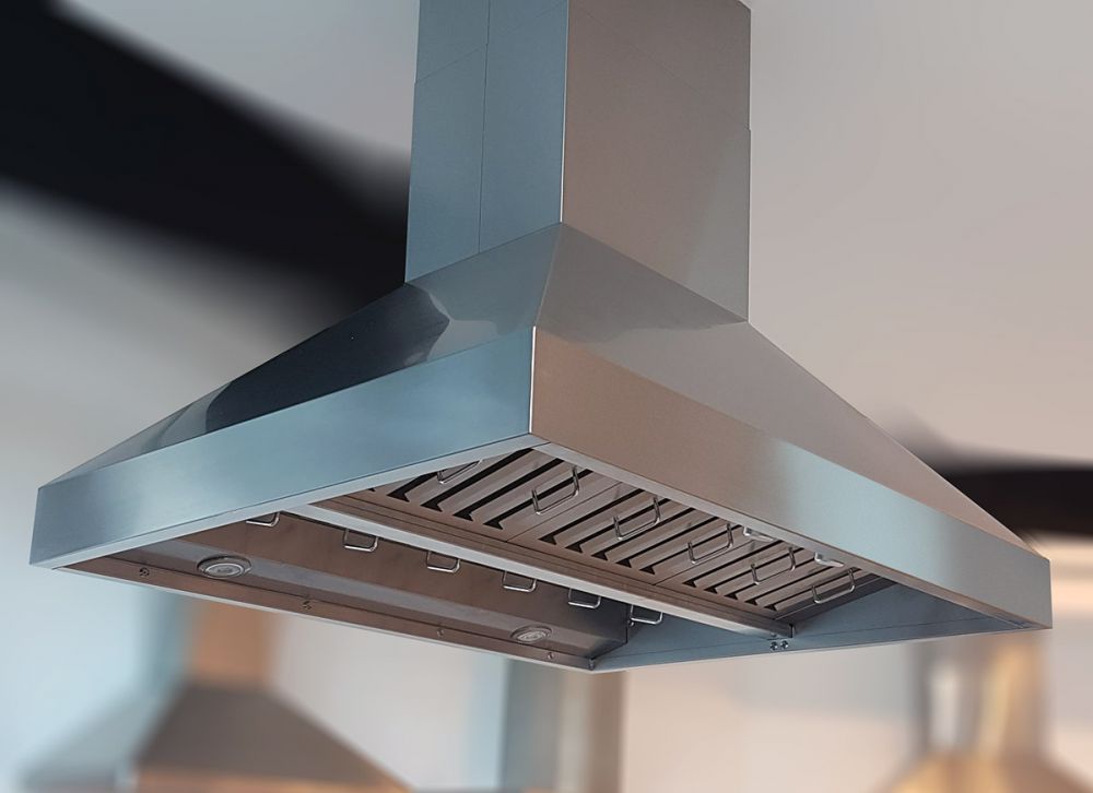 Stainless steel island range hood underside with baffle filter vents