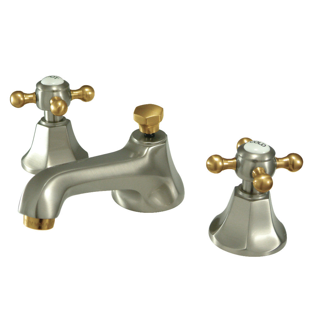 Widespread bathroom faucet with brushed nickel body and brass cross handles