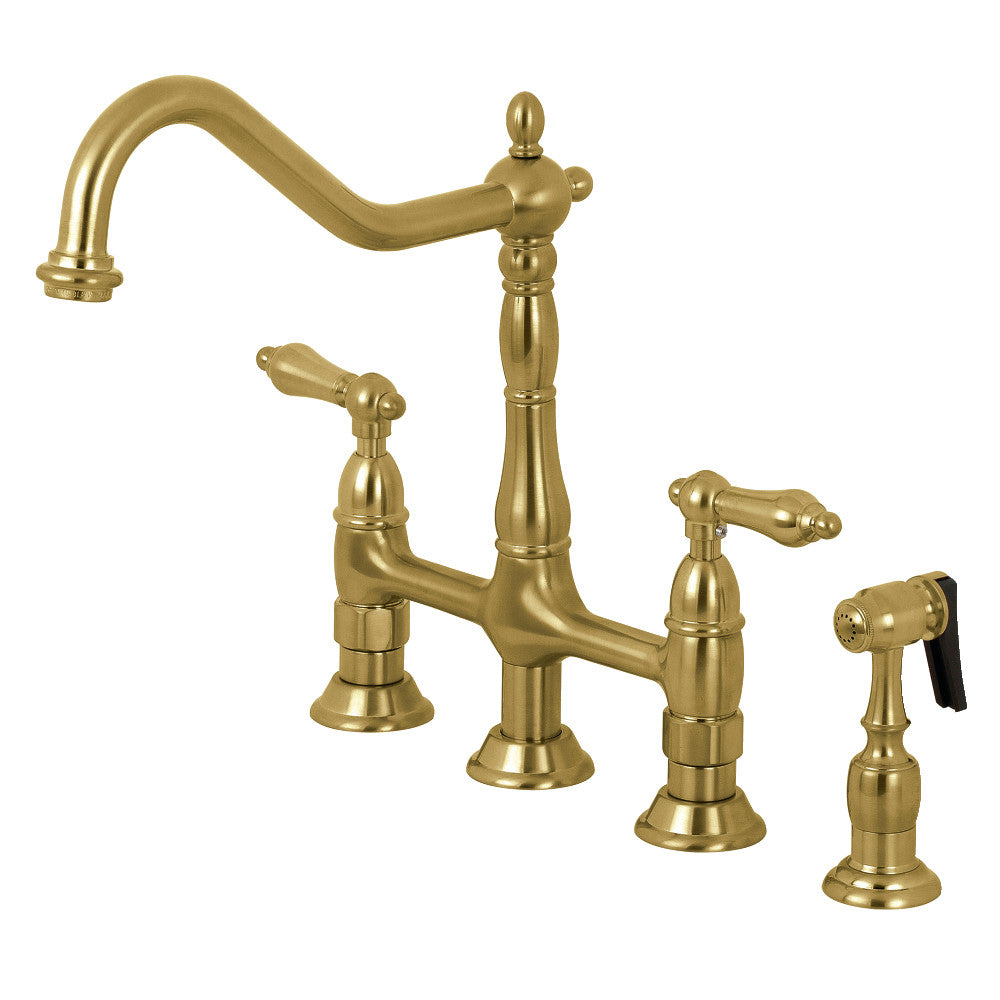 Brushed brass bridge kitchen faucet with cross handles and side sprayer