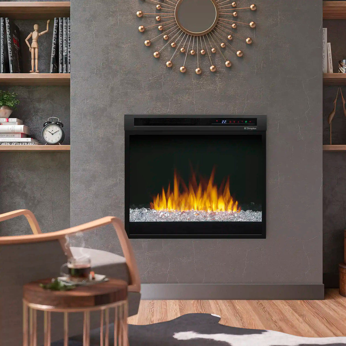 Dimplex plug-in electric firebox with acrylic ember bed, glowing flame effect