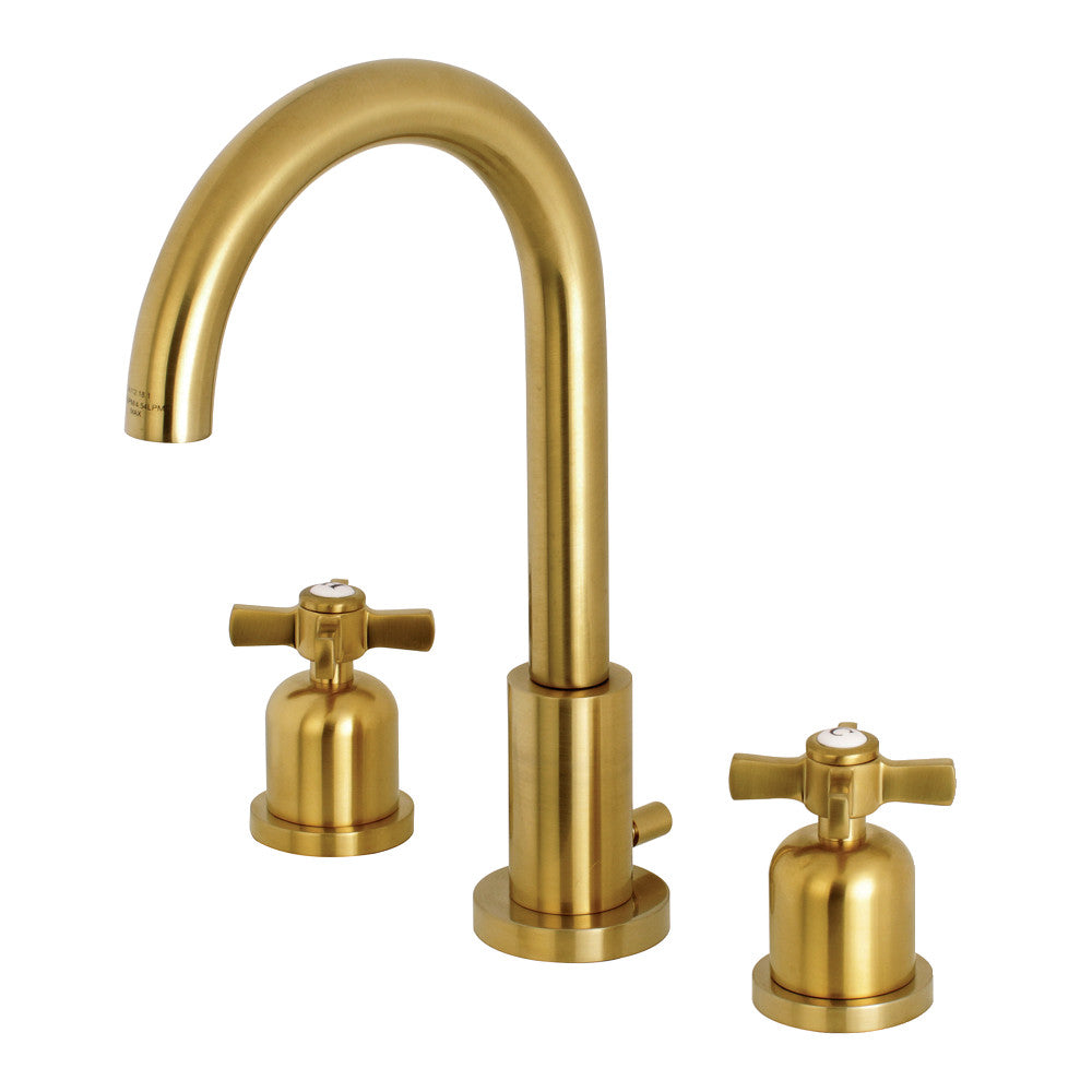 Brushed brass widespread bathroom faucet with high-arc spout and two handles