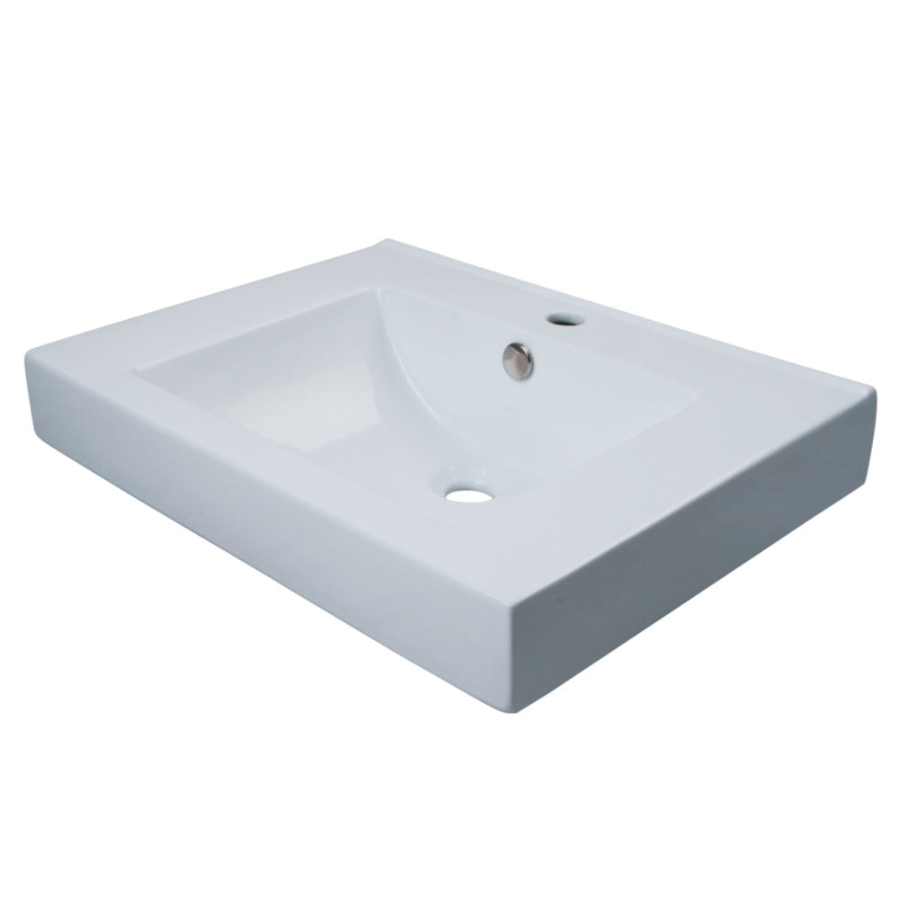 White rectangular ceramic vessel sink with faucet hole and drain opening