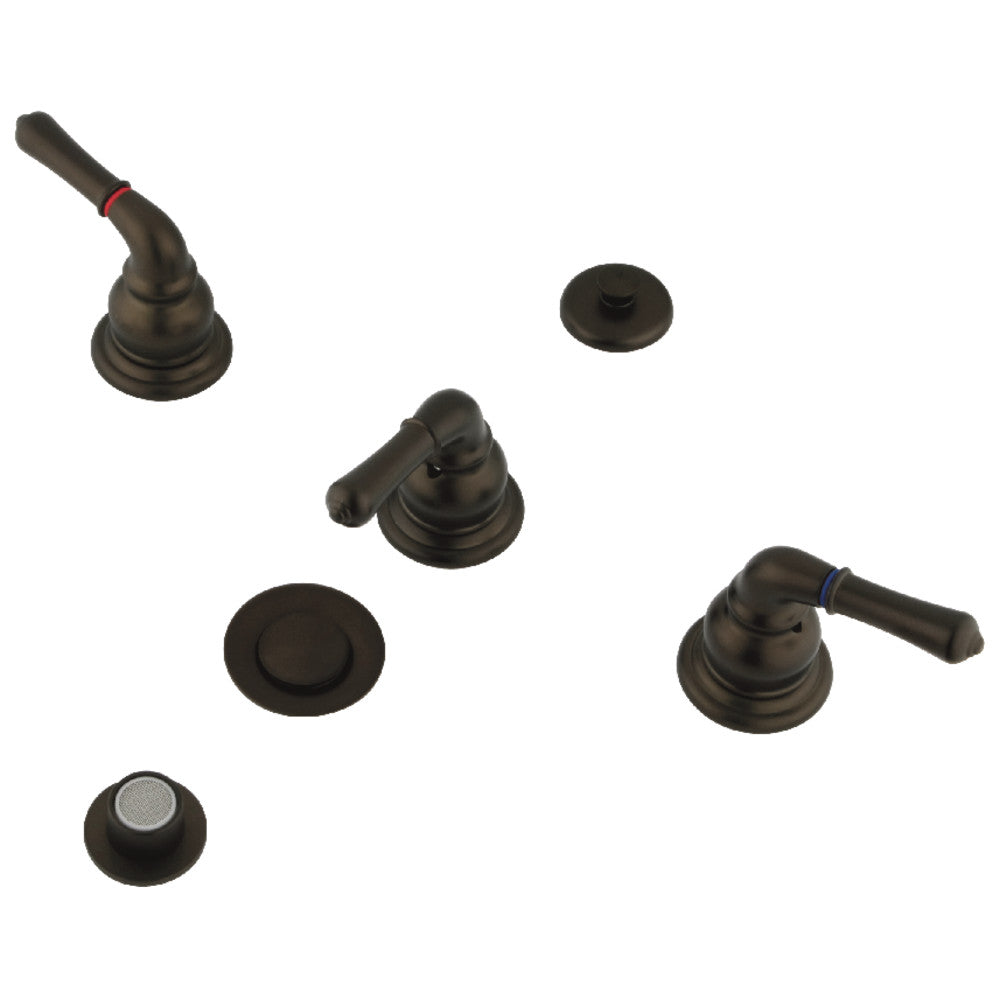 Oil rubbed bronze three-handle bidet faucet trim with round escutcheon and pop-up drain