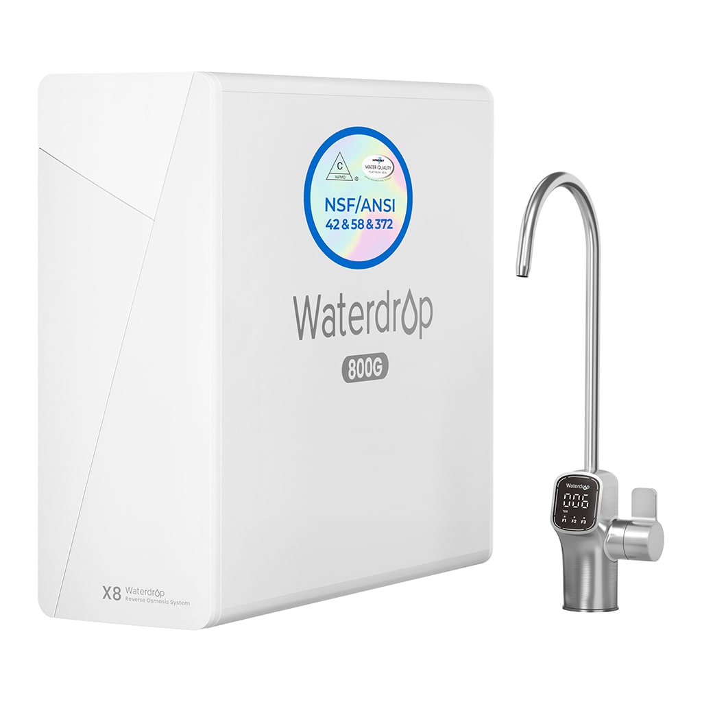 White Waterdrop 800G tankless reverse osmosis unit with stainless faucet and screen