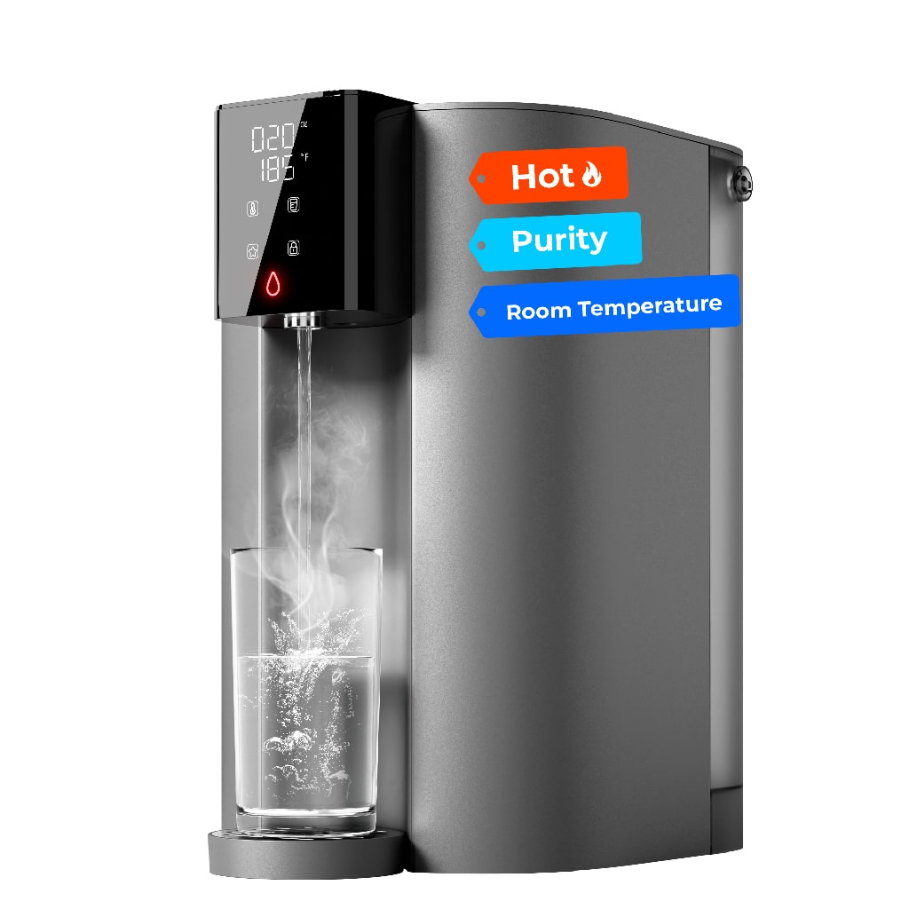 Grey instant hot reverse osmosis water purifier with front control display and lit indicators