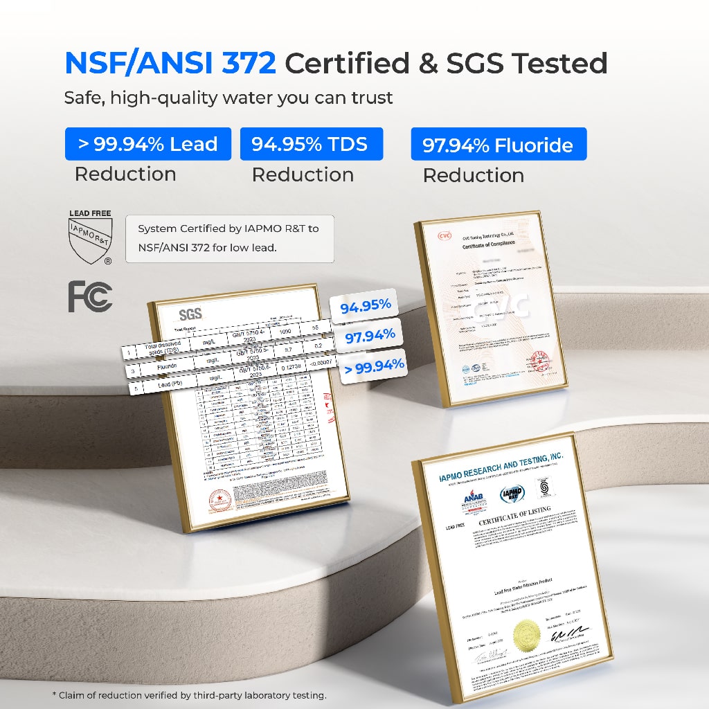 Water purifier certification documents with test reports and approval certificates on display
