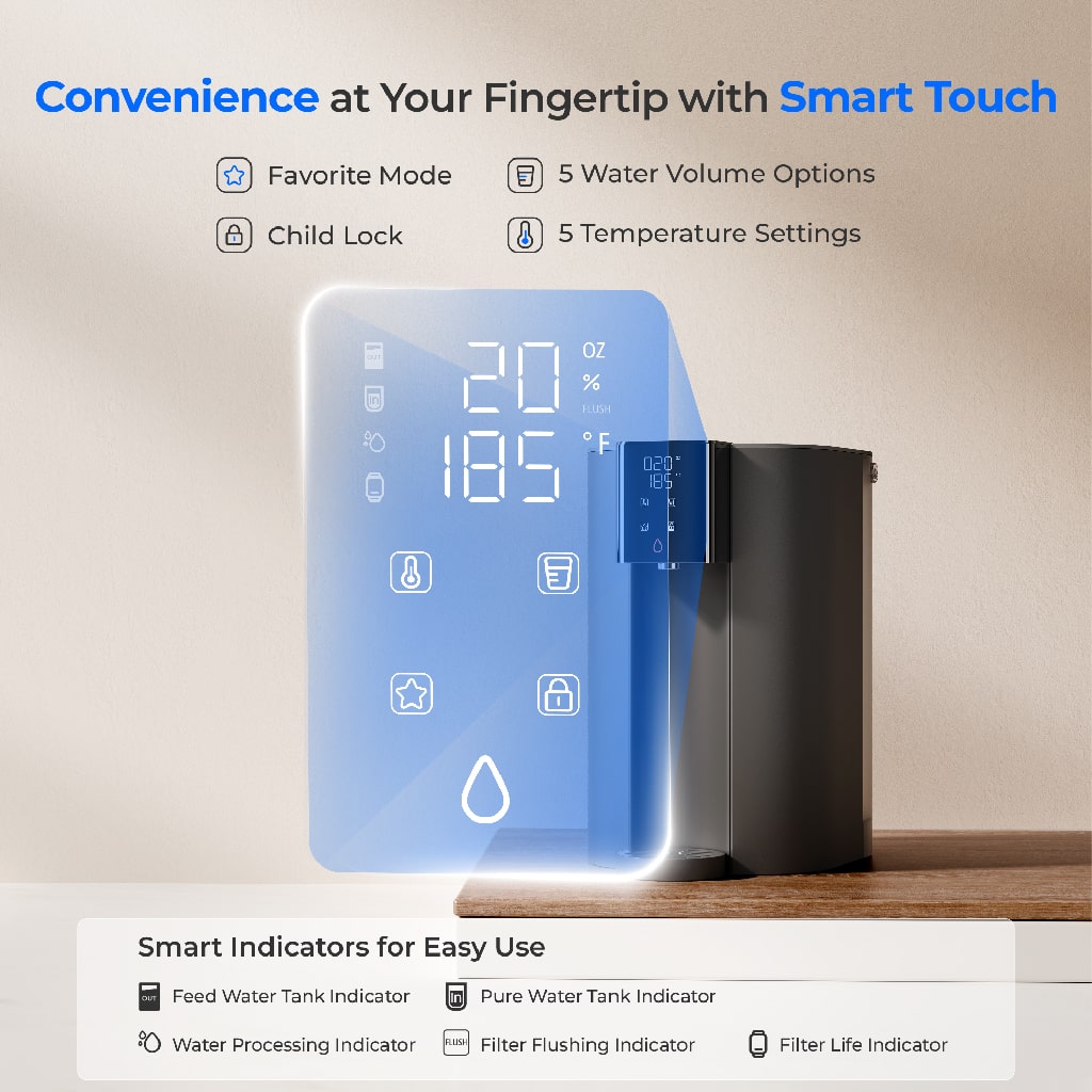 Grey purifier front panel with smart touch screen and icons for settings and lock