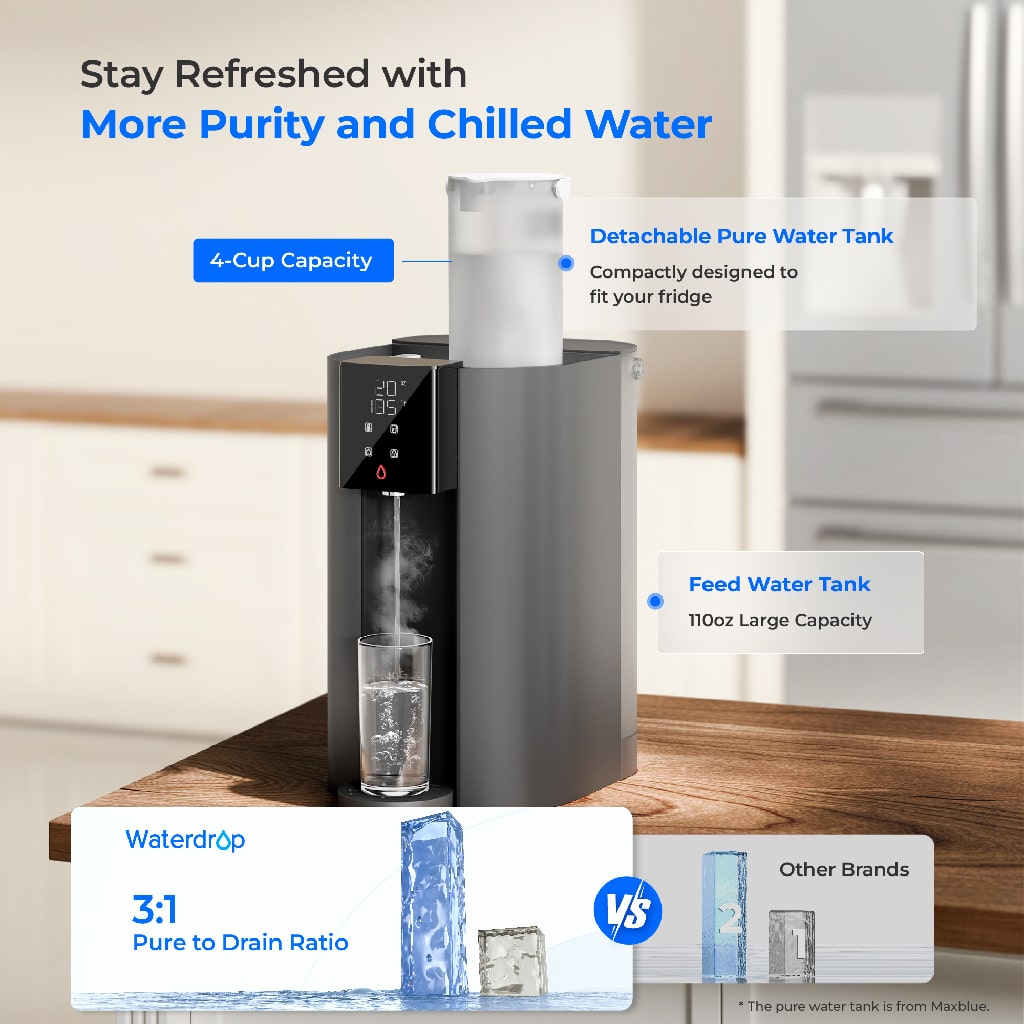 Grey RO water purifier with detachable tank illustration and feed water tank shown