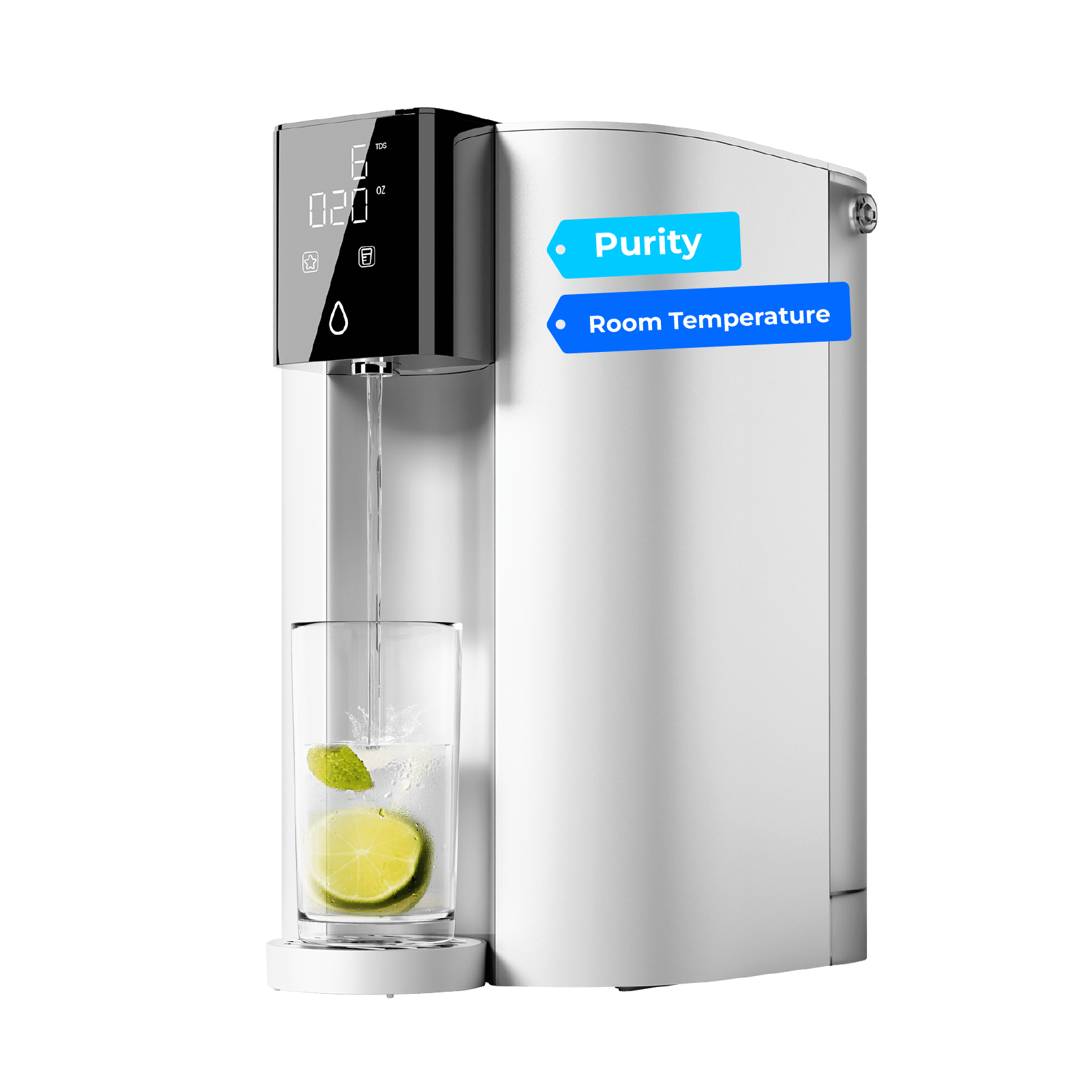 White RO countertop water dispenser with black control panel and purity/room temperature indicators