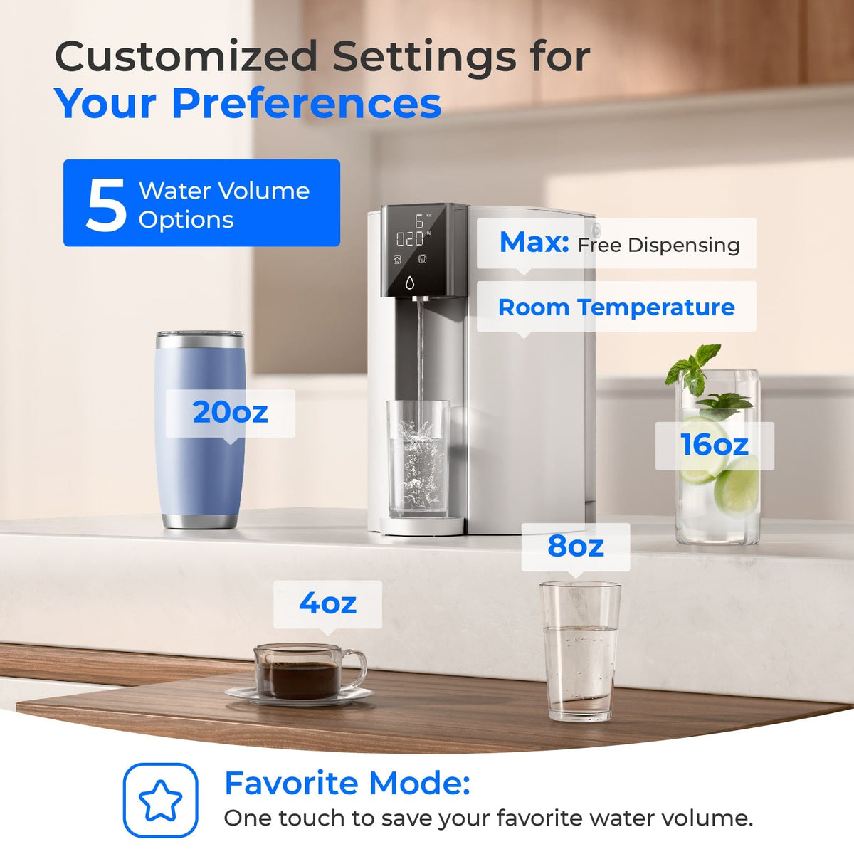 Countertop RO water dispenser with digital display and selectable water volume options